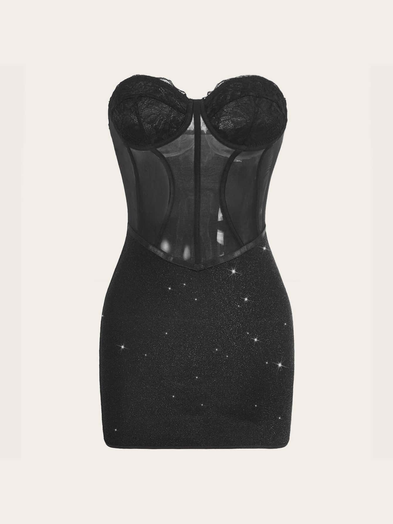 SHEIN ICON Contrast Mesh Tube Bodycon Dress - Black - View 1