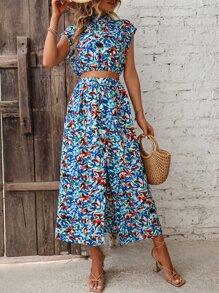 SHEIN VCAY 滿版印花蝙蝠袖短款上衣和高衩半身裙 - 藍色 - 查看 3