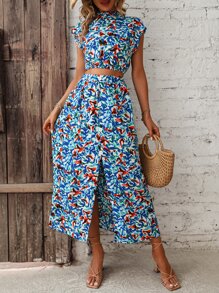 SHEIN VCAY 滿版印花蝙蝠袖短款上衣和高衩半身裙 - 藍色 - 查看 4