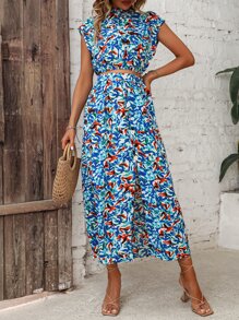 SHEIN VCAY 滿版印花蝙蝠袖短款上衣和高衩半身裙 - 藍色 - 查看 5