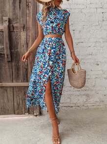 SHEIN VCAY 滿版印花蝙蝠袖短款上衣和高衩半身裙 - 藍色 - 查看 6