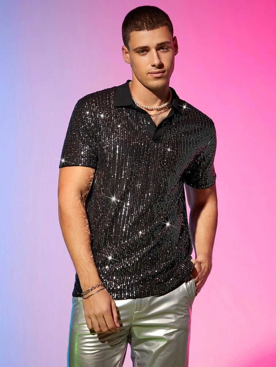 Manfinity RebelGame Men Sequin Decor Polo Shirt - Black - View 1