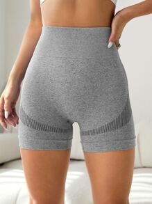 Yoga Basic Striped Print Wideband Waist Sports Shorts - Light Grey - View 5