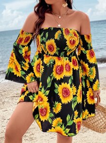 SHEIN Holidaya Plus Sunflower Print Off Shoulder Trumpet Sleeve Dress - Black - View 1