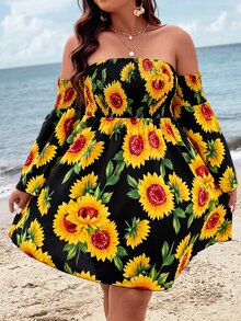 SHEIN Holidaya Plus Sunflower Print Off Shoulder Trumpet Sleeve Dress - Black - View 3