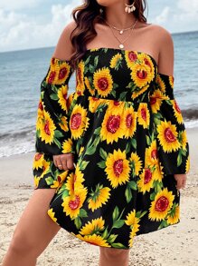 SHEIN Holidaya Plus Sunflower Print Off Shoulder Trumpet Sleeve Dress - Black - View 4
