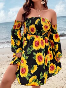 SHEIN Holidaya Plus Sunflower Print Off Shoulder Trumpet Sleeve Dress - Black - View 5
