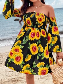 SHEIN Holidaya Plus Sunflower Print Off Shoulder Trumpet Sleeve Dress - Black - View 7