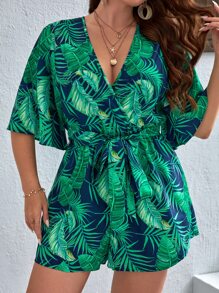 SHEIN VCAY Plus Tropical Print Butterfly Sleeve Belted Romper - Multicolor - View 2
