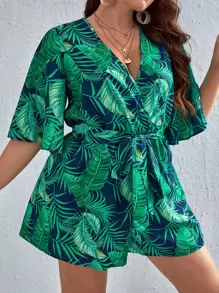 SHEIN VCAY Plus Tropical Print Butterfly Sleeve Belted Romper - Multicolor - View 1