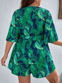 SHEIN VCAY Plus Tropical Print Butterfly Sleeve Belted Romper - Multicolor - View 3