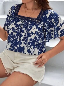 SHEIN VCAY 大碼印花拼接水溶蕾絲蝴蝶袖襯衫 - 藍白色 - 查看 4