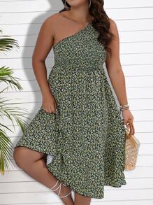 SHEIN LUNE Plus Ditsy Floral Print One Shoulder Dress - Green - View 4