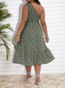 SHEIN LUNE Plus Ditsy Floral Print One Shoulder Dress - Green - View 2