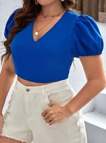 SHEIN VCAY 大碼露背繫帶泡泡袖短款襯衫 - 藍色 - 查看 2