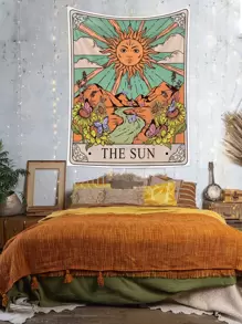 1pc Sun Print Tapestry, Polyester Knitting Wall Blanket For Home Decor, Flag For Room, Room Decor, Tapestry, Wall Decor - Multicolor - View 1