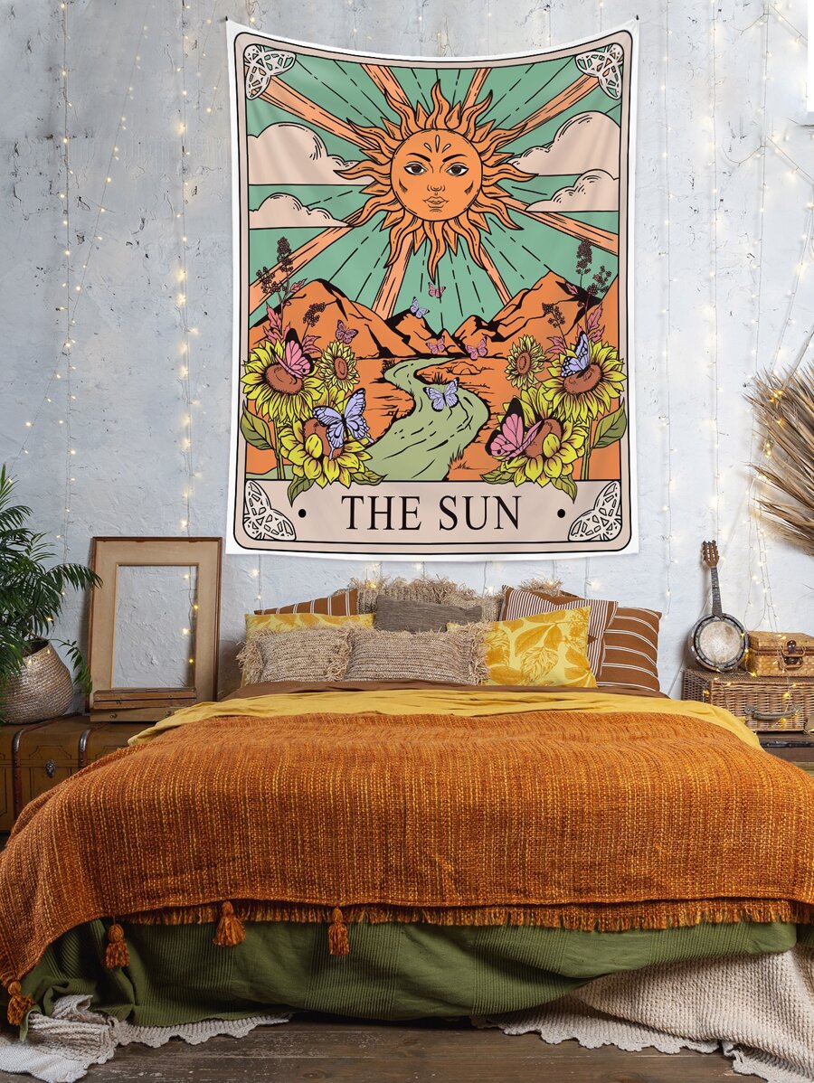 1pc Sun Print Tapestry, Polyester Knitting Wall Blanket For Home Decor, Flag For Room, Room Decor, Tapestry, Wall Decor - Multicolor - View 1