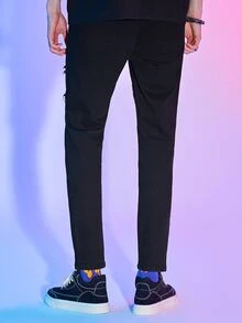 ROMWE MEN Guys Ripped Frayed Skinny Jeans - Black - View 2