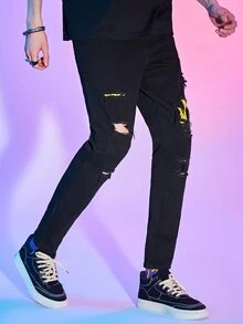 ROMWE MEN Guys Ripped Frayed Skinny Jeans - Black - View 4