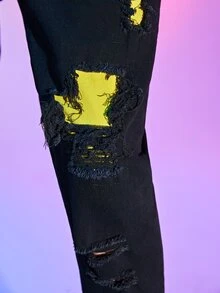 ROMWE MEN Guys Ripped Frayed Skinny Jeans - Black - View 5