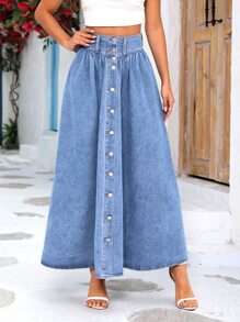 SHEIN Privé Váy denim nữ Nút phía trước màu trơn - Rửa nhẹ - Xem 4