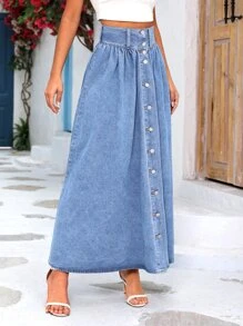 SHEIN Privé Váy denim nữ Nút phía trước màu trơn - Rửa nhẹ - Xem 6
