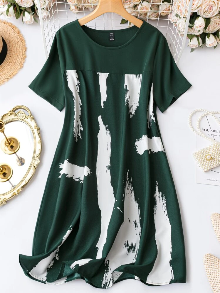 SHEIN LUNE mais Vestido de túnica impressão com pincel - Verde - Ver 1