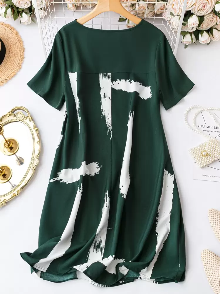 SHEIN LUNE mais Vestido de túnica impressão com pincel - Verde - Ver 2