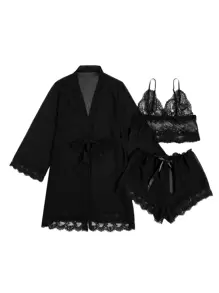 3pcs Lace Trim Bow Front Belted Chiffon PJ Set / Pajama Set Bow Tie - Black - View 7