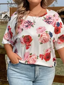 SHEIN LUNE Plus Floral Print Batwing Sleeve Tee - Multicolor - View 1