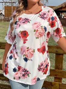 SHEIN LUNE Plus Floral Print Batwing Sleeve Tee - Multicolor - View 3