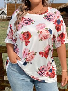 SHEIN LUNE Plus Floral Print Batwing Sleeve Tee - Multicolor - View 4