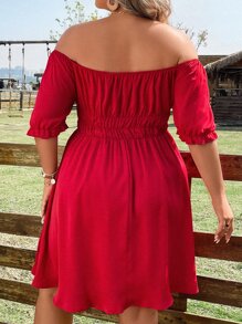 SHEIN Clasi Plus Off Shoulder Ruched Bust Dress - Red - View 3