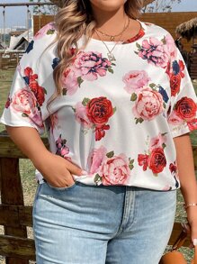 SHEIN LUNE Plus Floral Print Batwing Sleeve Tee - Multicolor - View 5