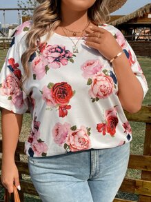 SHEIN LUNE Plus Floral Print Batwing Sleeve Tee - Multicolor - View 6