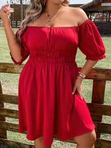 SHEIN Clasi Plus Off Shoulder Ruched Bust Dress - Red - View 5