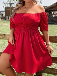 SHEIN Clasi Plus Off Shoulder Ruched Bust Dress - Red - View 6
