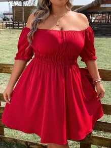 SHEIN Clasi Plus Off Shoulder Ruched Bust Dress - Red - View 1
