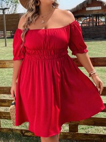 SHEIN Clasi Plus Off Shoulder Ruched Bust Dress - Red - View 7