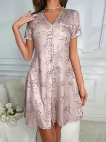花卉印花纽扣前睡衣 - 藕粉色 - 查看 1