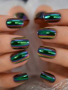 VV MEI JIA ER Transform Your Nails With 24pcs Long Square Holographic Mirror Effect Aurora Shimmer Metallic Fake Nail & 1pc Nail File & 1sheet Tape Press On Nails Nail Supplies - Blue - View 2