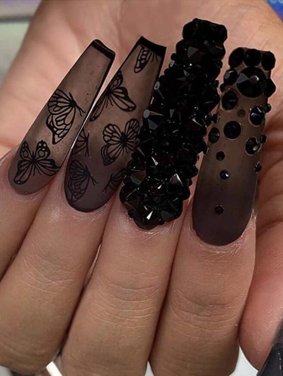 Get Glamorous with 24pcs Long Coffin Black Rhinestone Butterfly French Matte Fake Nail & 1pc Nail File & 1sheet Nail Tape - Multicolor - View 1