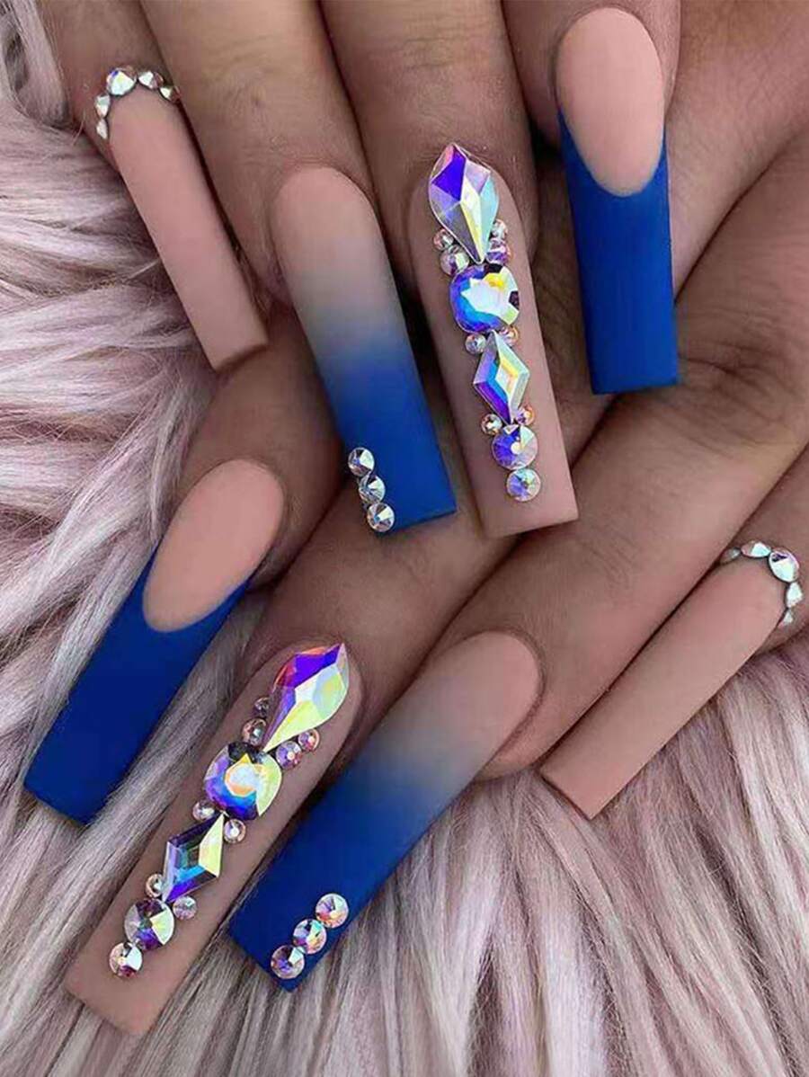 24pcs Long Coffin Ombre 3D Rhinestone Decor Fake Nail & 1pc Nail File & 1sheet Tape - Multicolor - View 1