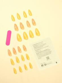 用 24 片长杏仁黄纯色花卉图案假指甲、1 件指甲锉和 1 片胶带改变你的指甲 美甲用品 美甲 - 黃色 - 查看 2