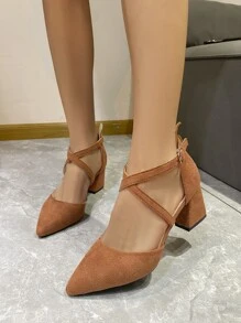 女士交叉尖頭粗跟優雅棕色仿麂皮踝帶高跟單鞋 - 駝色 - 查看 2