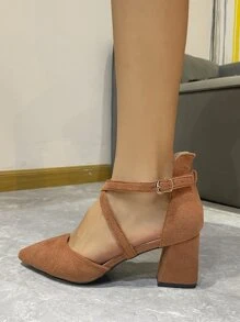 女士交叉尖頭粗跟優雅棕色仿麂皮踝帶高跟單鞋 - 駝色 - 查看 3