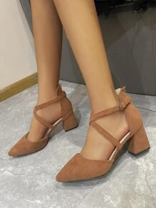 女士交叉尖頭粗跟優雅棕色仿麂皮踝帶高跟單鞋 - 駝色 - 查看 4
