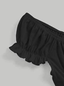 SHEIN MOD 前繫帶胸部褶皺泡泡袖T恤 - 黑色 - 查看 3