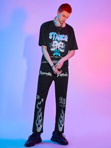 ROMWE MEN Quần Jeans Nam Túi Dây kéo Lá thư Ngọn lửa - màu đen - Xem 3
