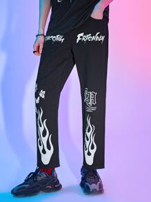 ROMWE MEN Quần Jeans Nam Túi Dây kéo Lá thư Ngọn lửa - màu đen - Xem 4